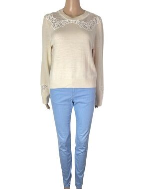 Jonathan Simkhai Fine Knit Wool Sheer Lace Inset Cream Pullover Sweater Top